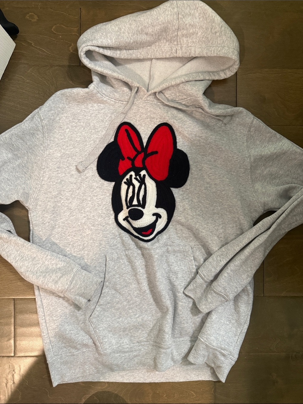 Disney Heather Gray Minnie Mouse Hoodie with Black and Red Appliqué